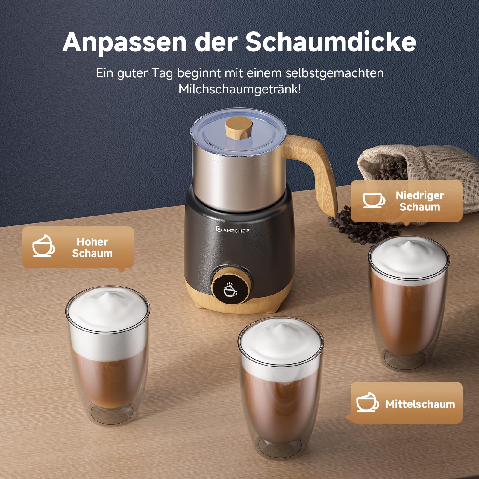 AMZCHEF Milchaufschäumer 600ml, 8-IN-1 Großer Induktion Milchschäumer für Heißen & Kalten Milchschaum, Heiße Milch & Kakao, Abnehmbarer Behälter, OLED Display,550W