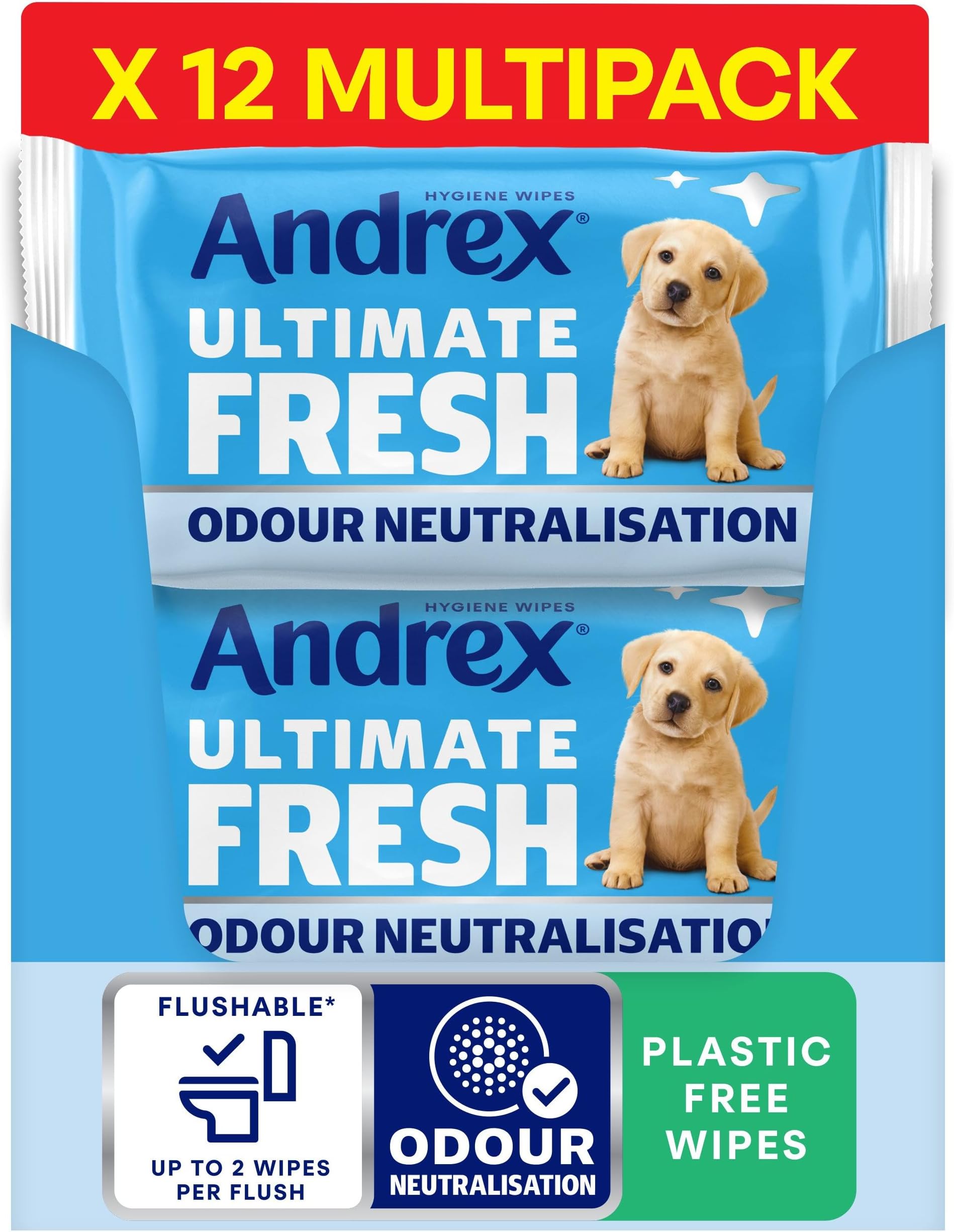 Andrex Classic Clean Washlets, 12 Packs, Flushable Toilet Tissue Wet Wipes with Micellar Water-Biodegradable & Plastic-Free - Use with Regular Toilet Roll for a Shower Fresh Clean