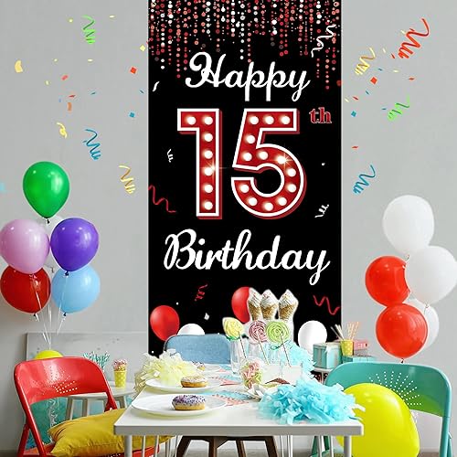 Miniatura 4 de Telón de fondo para puerta de cumpleaños número 15, decoraciones de feliz cumpleaños 15 para niñas, rojo y negro para fiesta de cumpleaños de 15