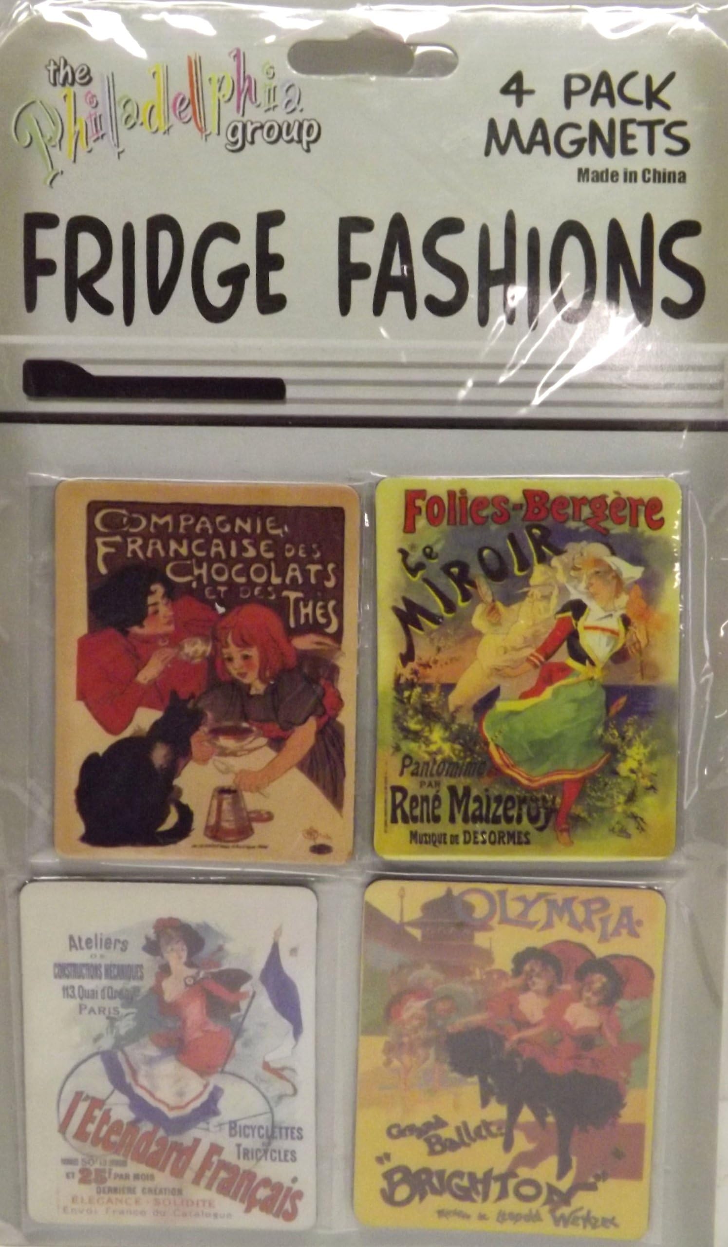 4 Fridge Magnets (1.5" x 2.25") Compagnie Francaise des Chocolates et des Thes, Folies Bergere Le Miroir Rene Maizeroy, L'Etendard français, bicyclettes et tricycles, Jean Paleologu -Grand Ballet Brighton, Olympia