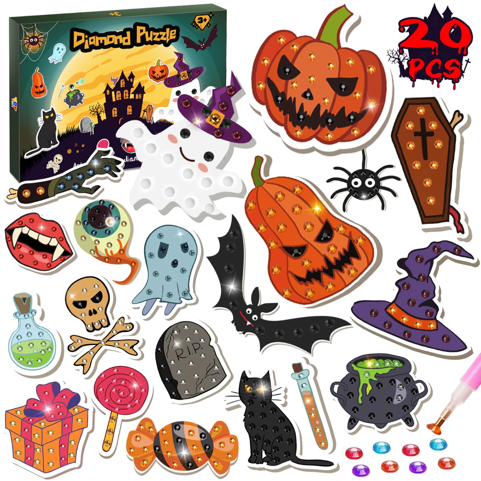 YarnMate Diamant-Malerei-Set Halloween – Mit Strasssteinen, DIY Bastelset Für Tischdekoration, Doppelseitiges Design