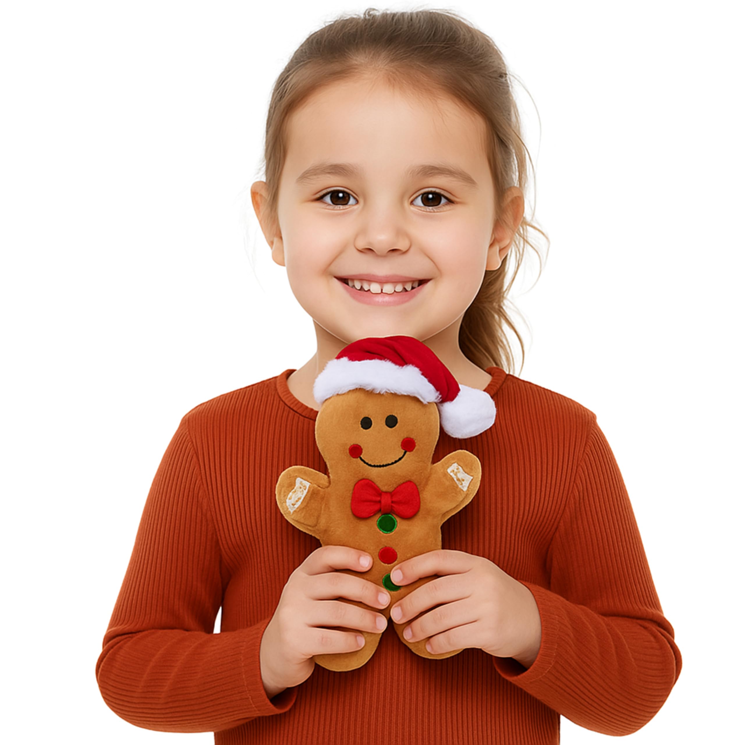 Deluxe Paws Christmas Gingerbread Man Plush, 20cm Soft Brown Stuffed Figure with Santa Hat, Red Bow Tie, White Lace Trim, Holiday Decoration