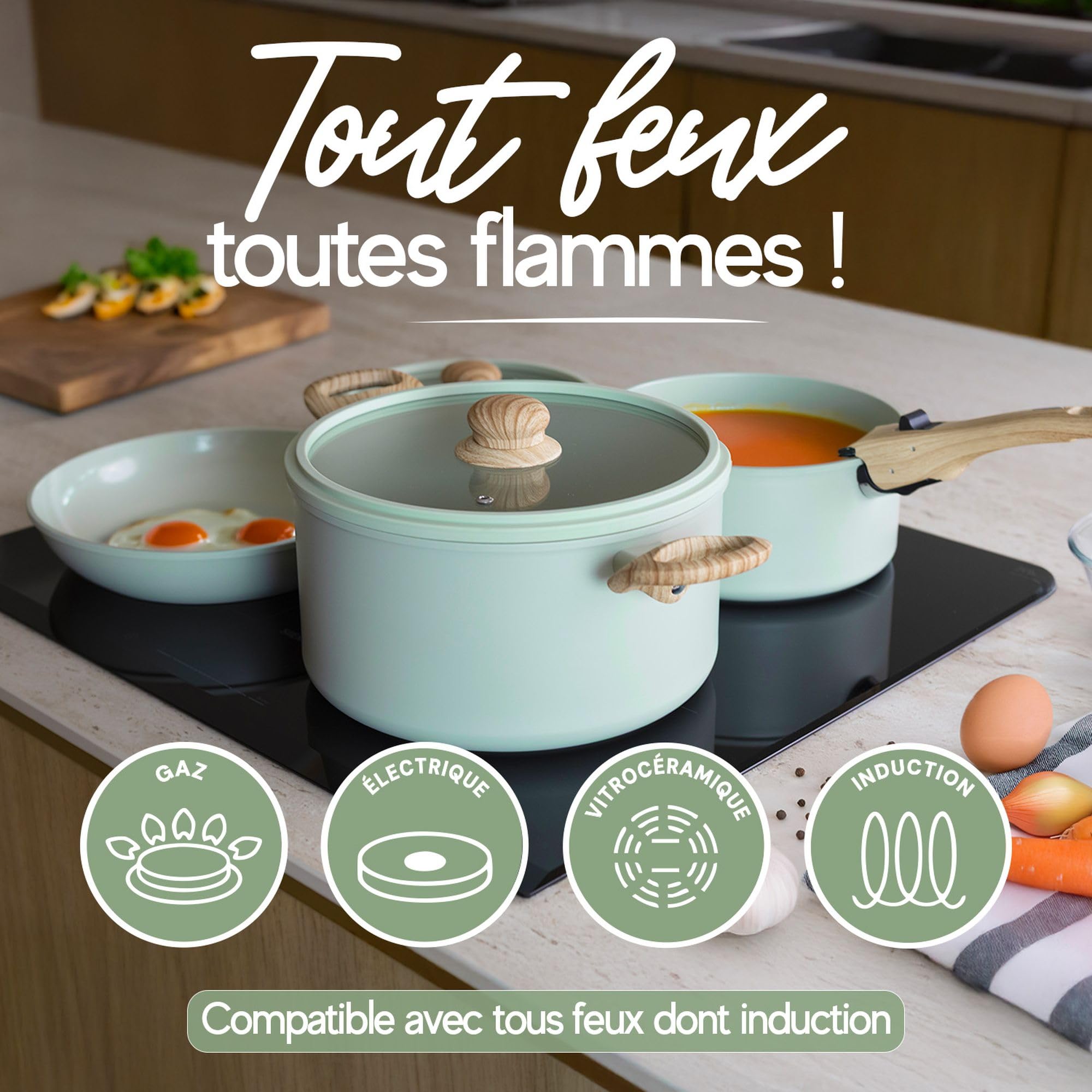 MENASTYL - Batterie de Cuisine Empilable - Gamme The Super Ball - 98% d'Aluminium Recyclé - Compact - Revêtement Céramique Antiadhésif - Tous Feux dont Induction - Couleur Rose - 8 Pièces