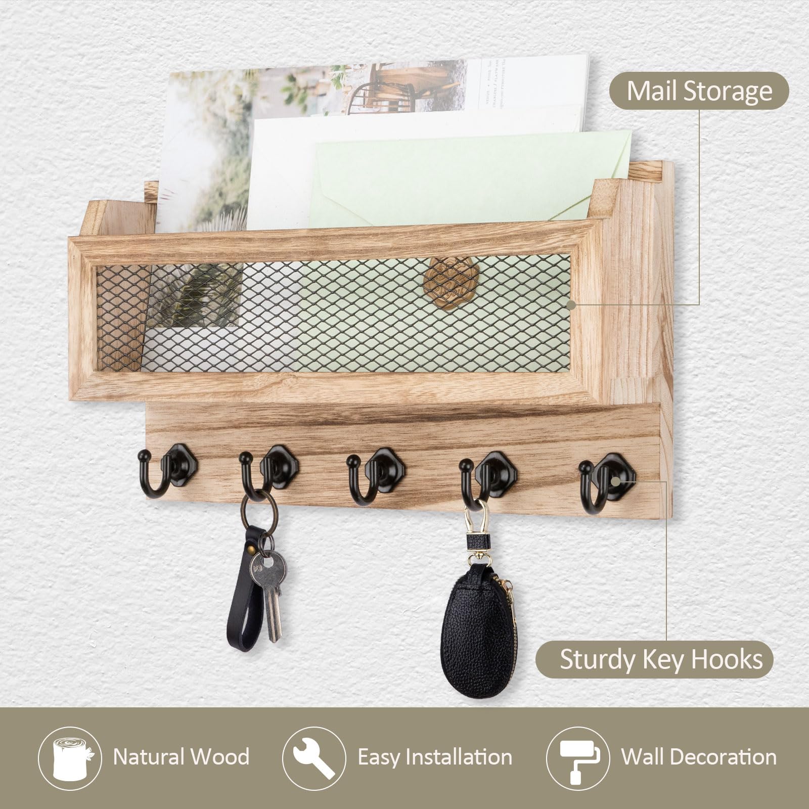 Nekon Porta posta e portachiavi decorativo da parete, 27,9 cm, in legno