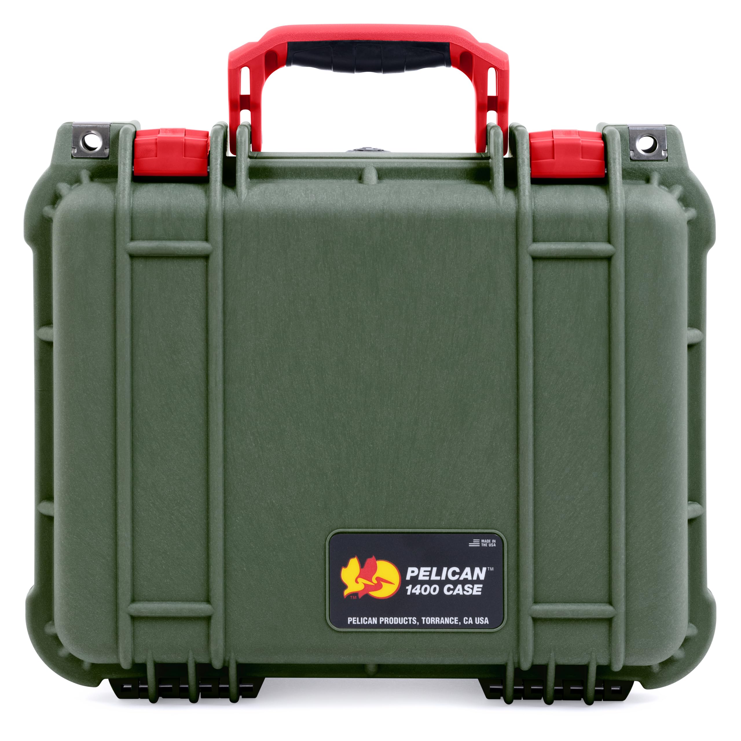 Pelican Protector 1400 Case by ColorCase - OD Green - Medium Size Waterproof Case (Case Only) - Red Handles & Latches