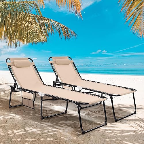 Miniatura 19 de Goplus Tumbona, silla de playa plegable de 5 posiciones con almohada desmontable, silla de descanso para tomar el sol, silla de bronceado ajustable
