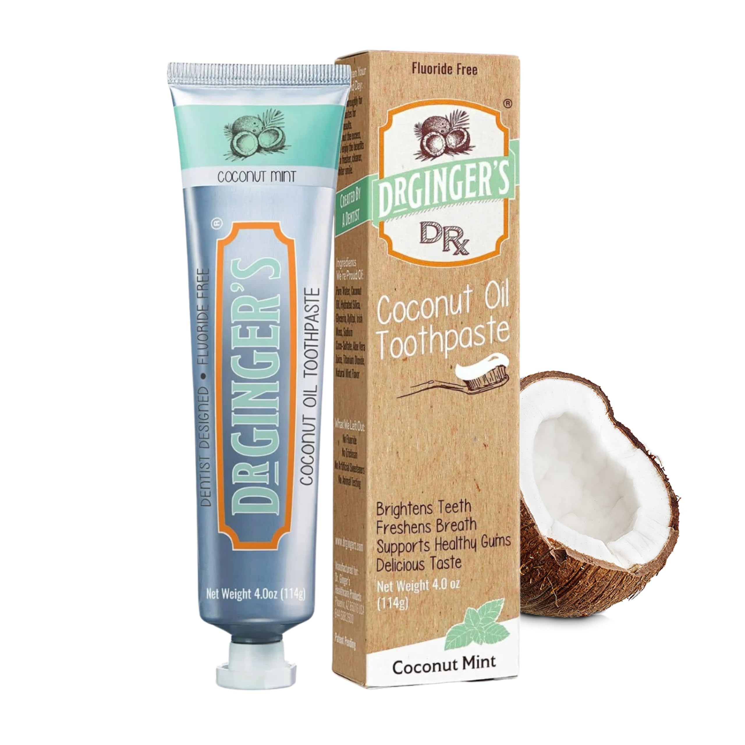 Dr. Gingers - Menta de coco con pasta de dientes de aceite de coco sin fluoruro - 4 oz.