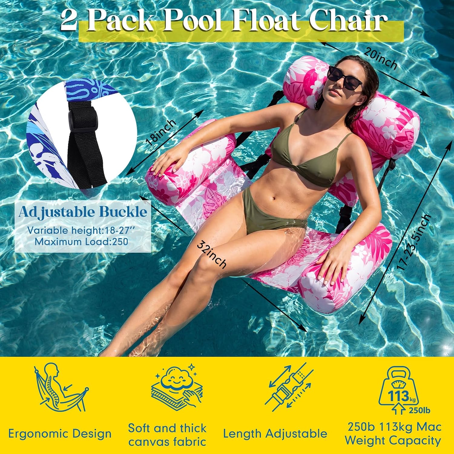 Blueweenly 2 Pack Pool Float Lounge Chair, Flower, Blue, Pink image 2
