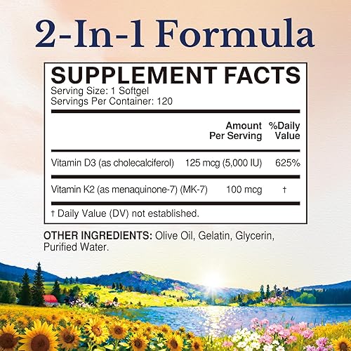 Miniatura 2 de Vitalitown Suplemento de vitamina D3 K2, D3 5000 UI, vitamina K2 MK-7 100 mcg, sin OMG, sin gluten y soja, para huesos, dientes, inmune y salud