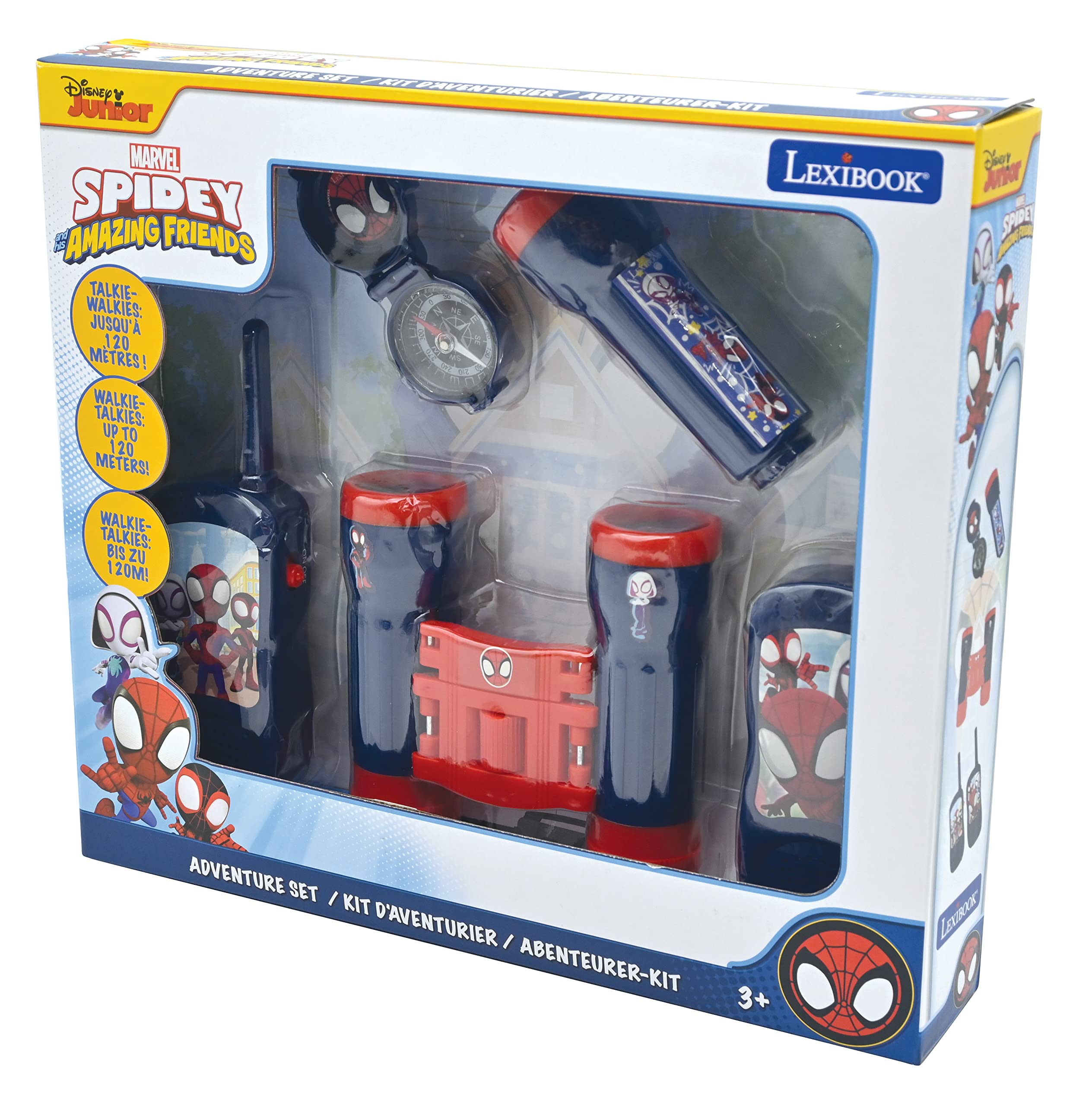 Lexibook, Spidey & Seine super Freunde, Komplettes Abenteurer-Set, für Kinder, 120m Walkie-Talkies, Fernglas, Taschenlampe, Kompass, Rot/Blau, RPTW11SP