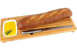 Bamboo Cutting Board with Bread Crumb Catcher and Ceramic Dipping Dish