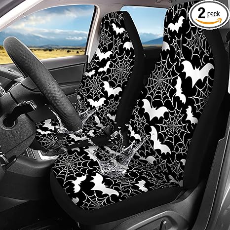 Black White Bats with Spider Web Car Seat Covers 2 PCS Elastic Breathable Front Seat Protector Cover Universal for Vehicle SUV Sedan Trucks for Women Men