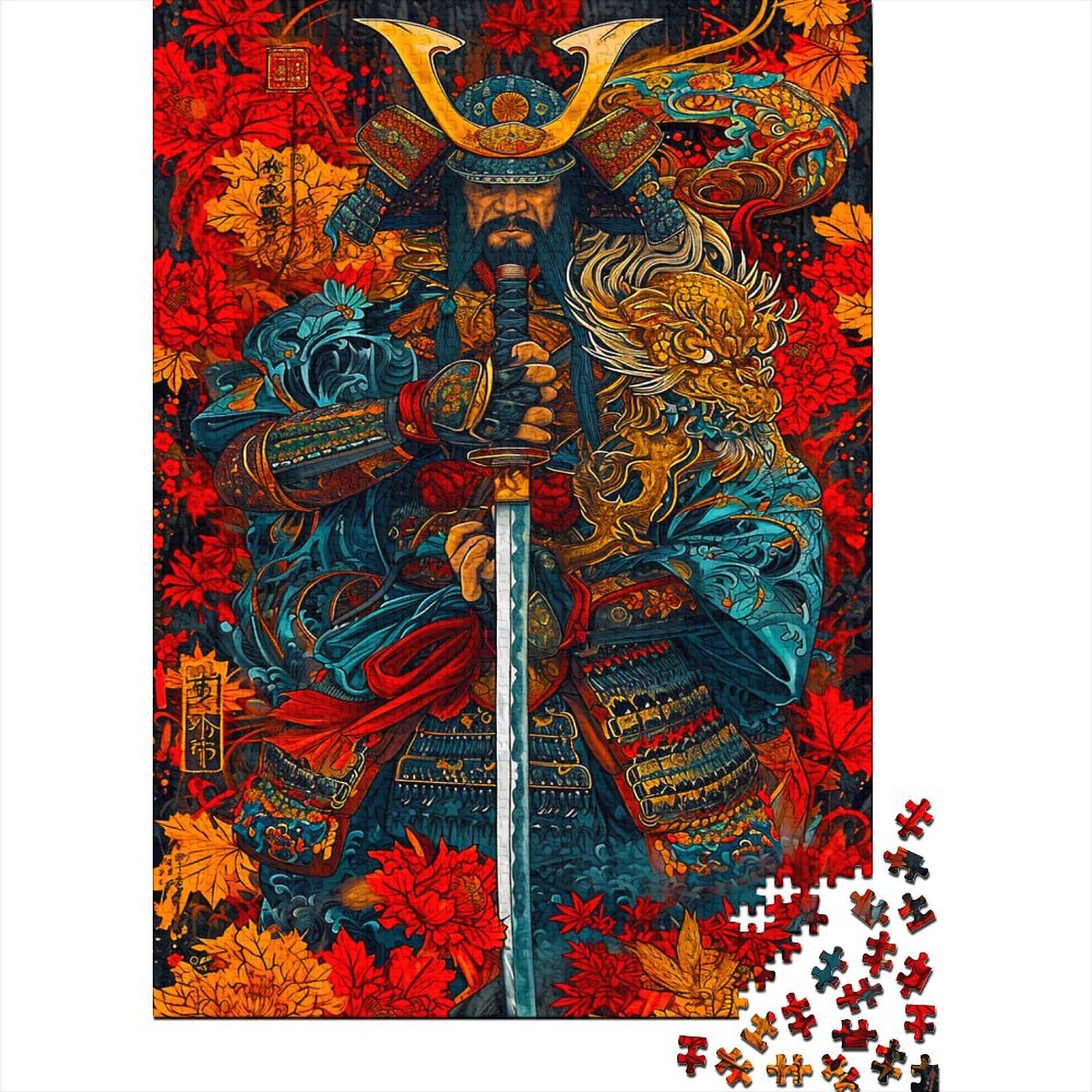 Japanese Samurai Jigsaw Puzzles for Adults 1000 Piece Japanese Tattoo Jigsaw Puzzle for Adults Wood Puzzle Educational Games Family Decoration Fantasy & Mythology 1000pcs (75x50cm)