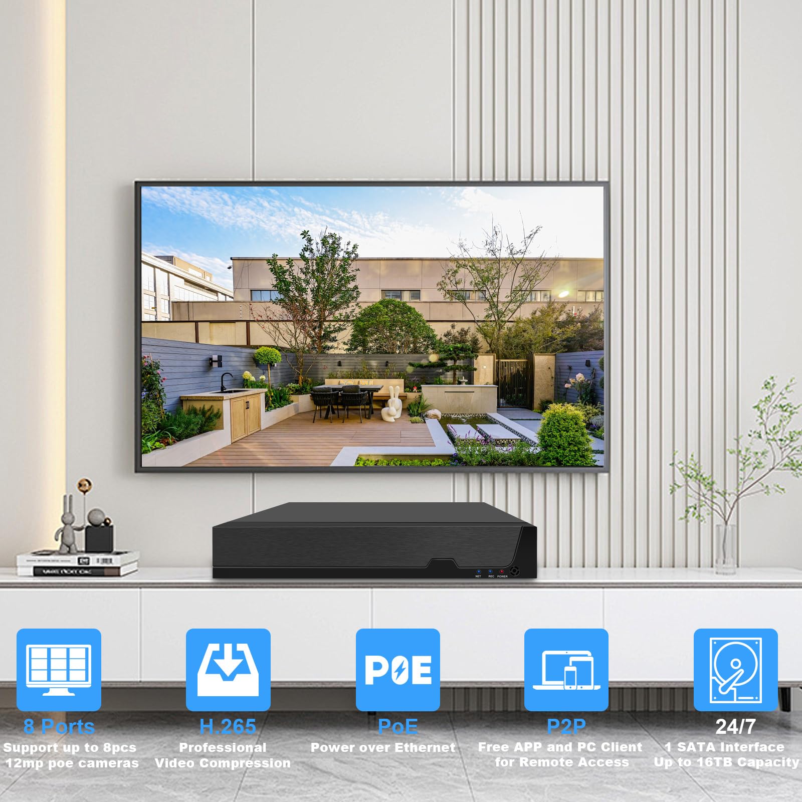 Tennoz 8 Channel 12MP PoE Network Video Recorder NVR, 8 Port H.265 NVR Support 12MP/6K/4K/8MP/5MP/3MP/1080P PoE Camera, Remote Access, Motion Alarm, 24/7 Recording, Smart Playback, No Hard Disk Drive