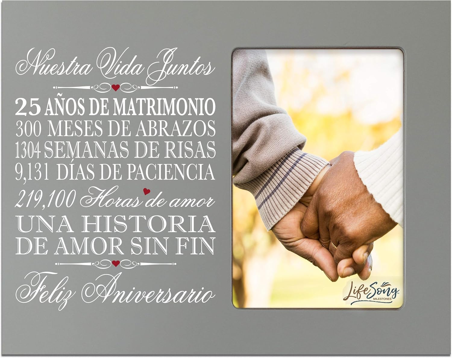 LifeSong Milestones 25th Anniversary Picture Frame Marriage Keepsake Gift with Spanish Verse - Twenty Five Years Wedding Keepsake Gift for Parents Husband Wife Him Her Holds 8x10 Photo (Grey)