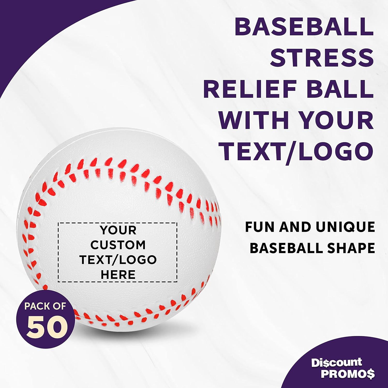 DISCOUNT PROMOS Custom Baseball Shaped Squeeze Balls Set of 50, Personalized Bulk Pack - Perfect for Promotional Giveaways - White