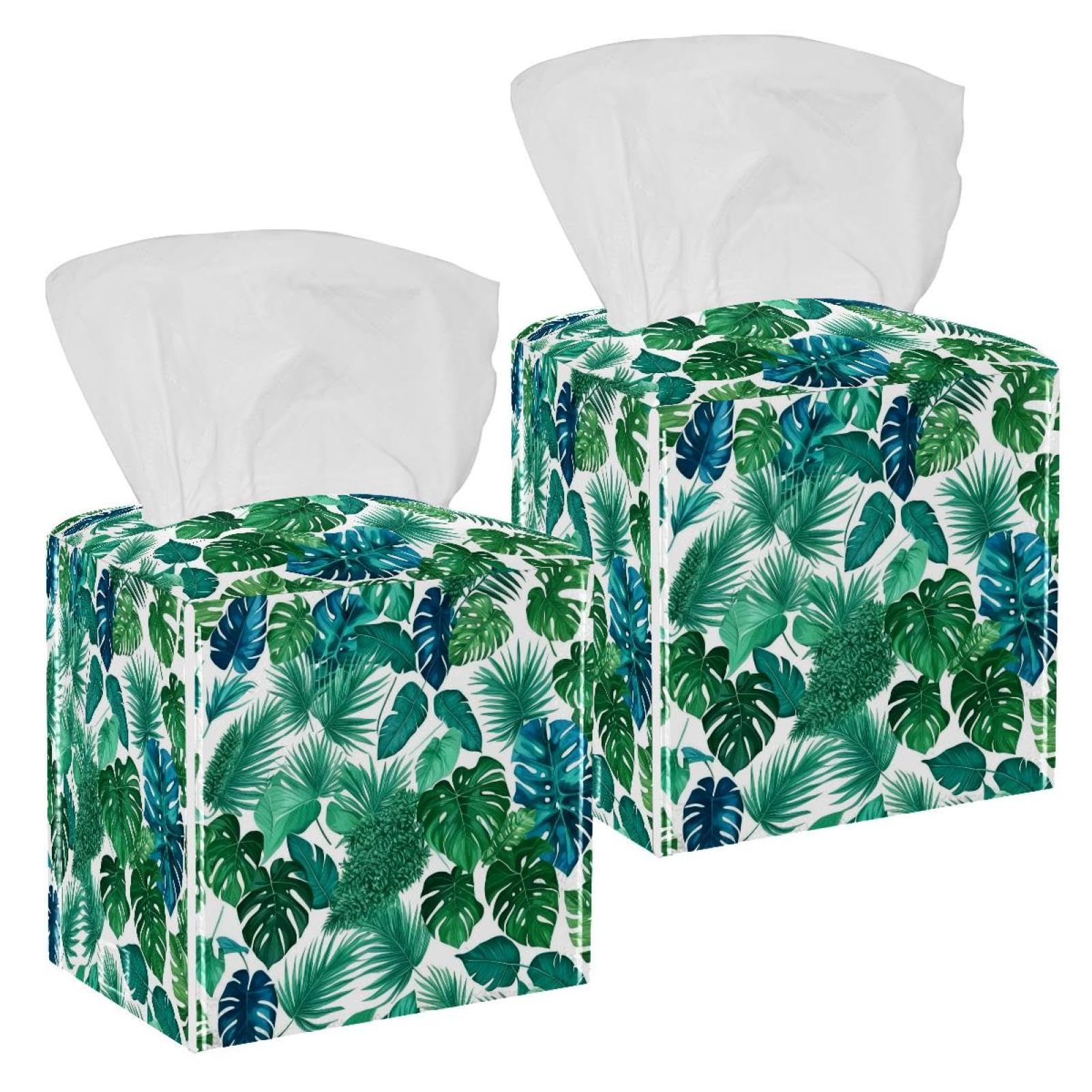 Artistic Leaves Tissue Box Cover, 2 Pack PU Leather Square Facial Tissue Dispenser Box holder for Home Office Car