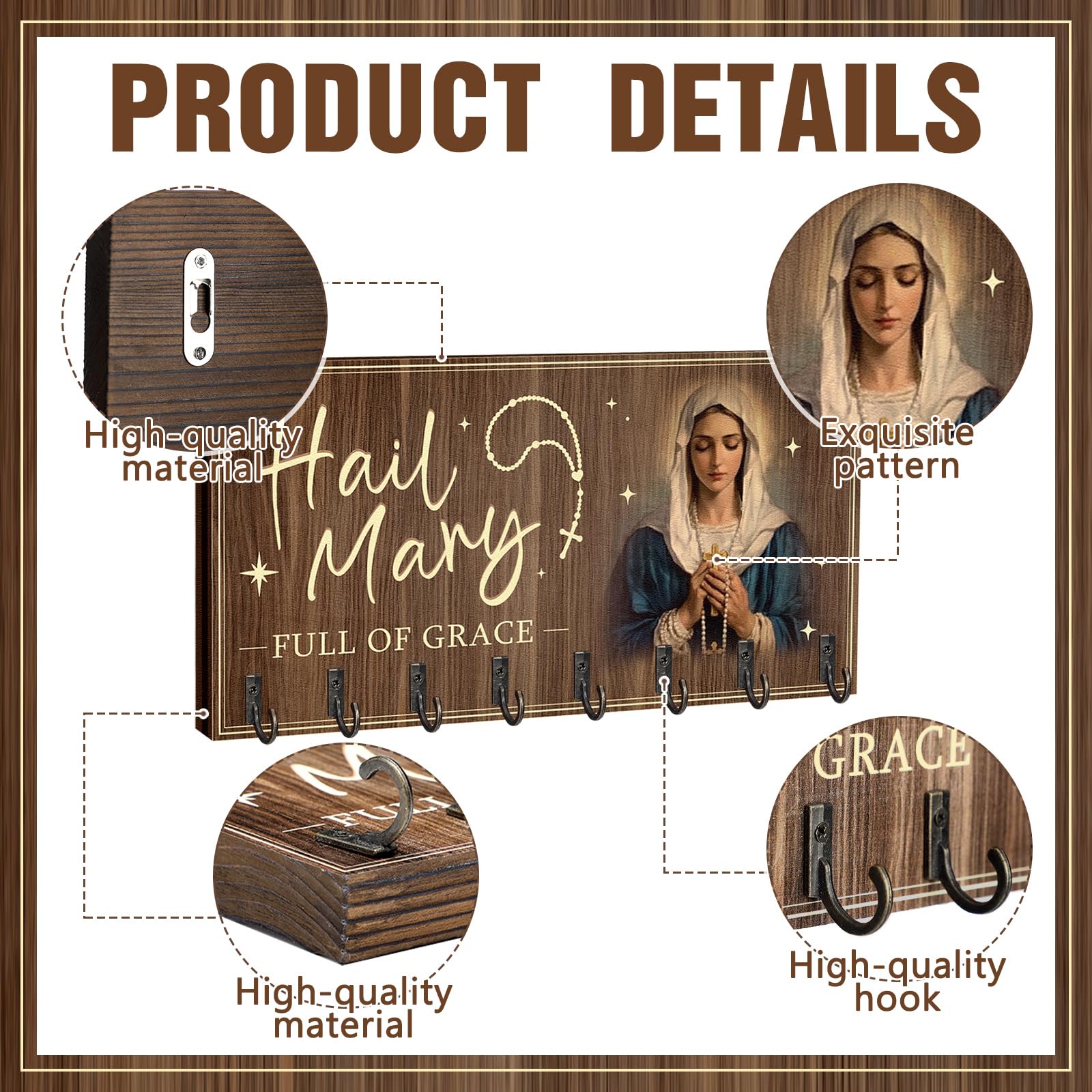 Colingmill Soporte grande de madera para rosario montado en la pared con 8 perchas, organizador de almacenamiento de rosario católico, soporte decorativo para collares, pulseras, almacenamiento de