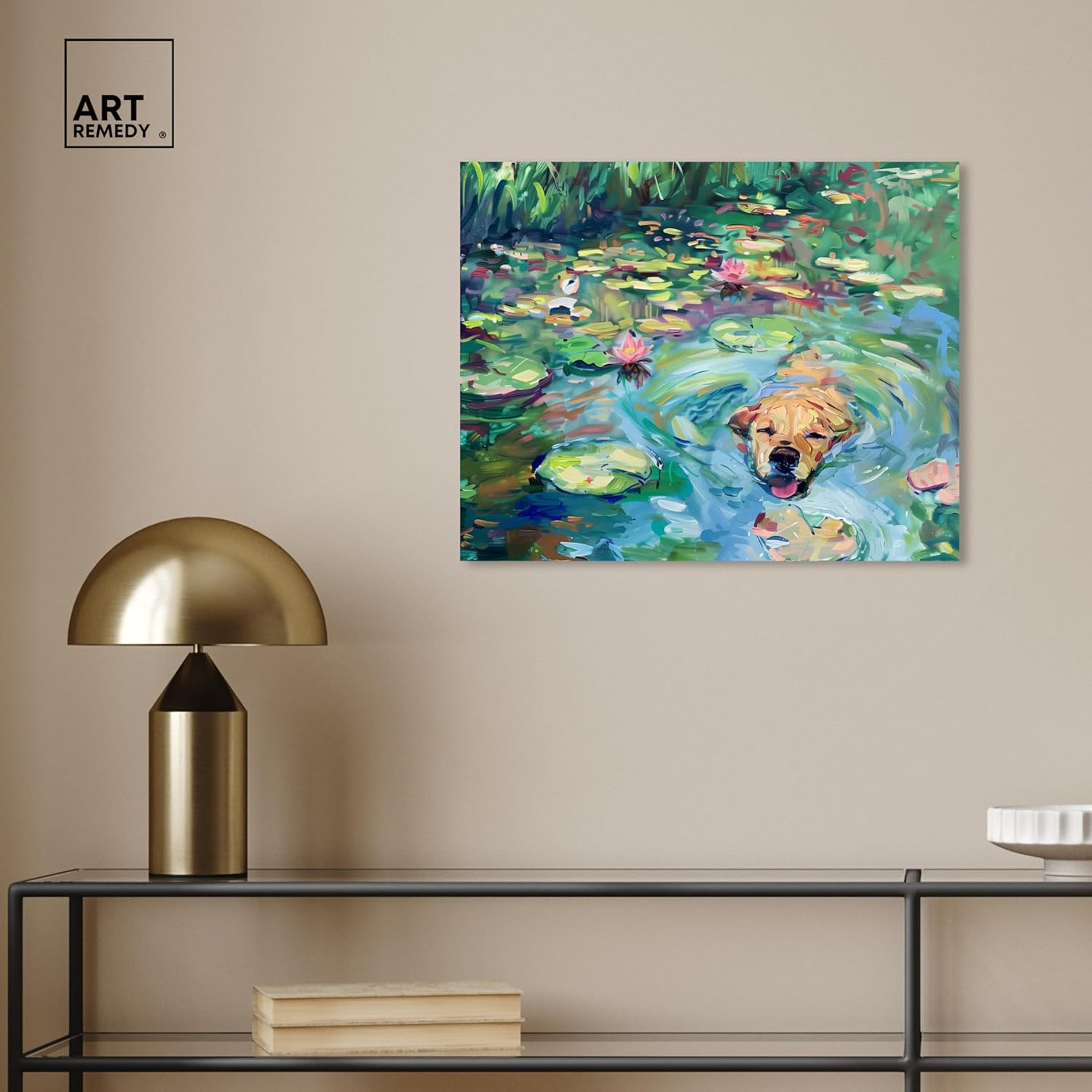 Lily Pad Dog Rustic Chic Farmhouse Canvas Wall Art by Art Remedy, Gallery Wrapped, 20"x16"