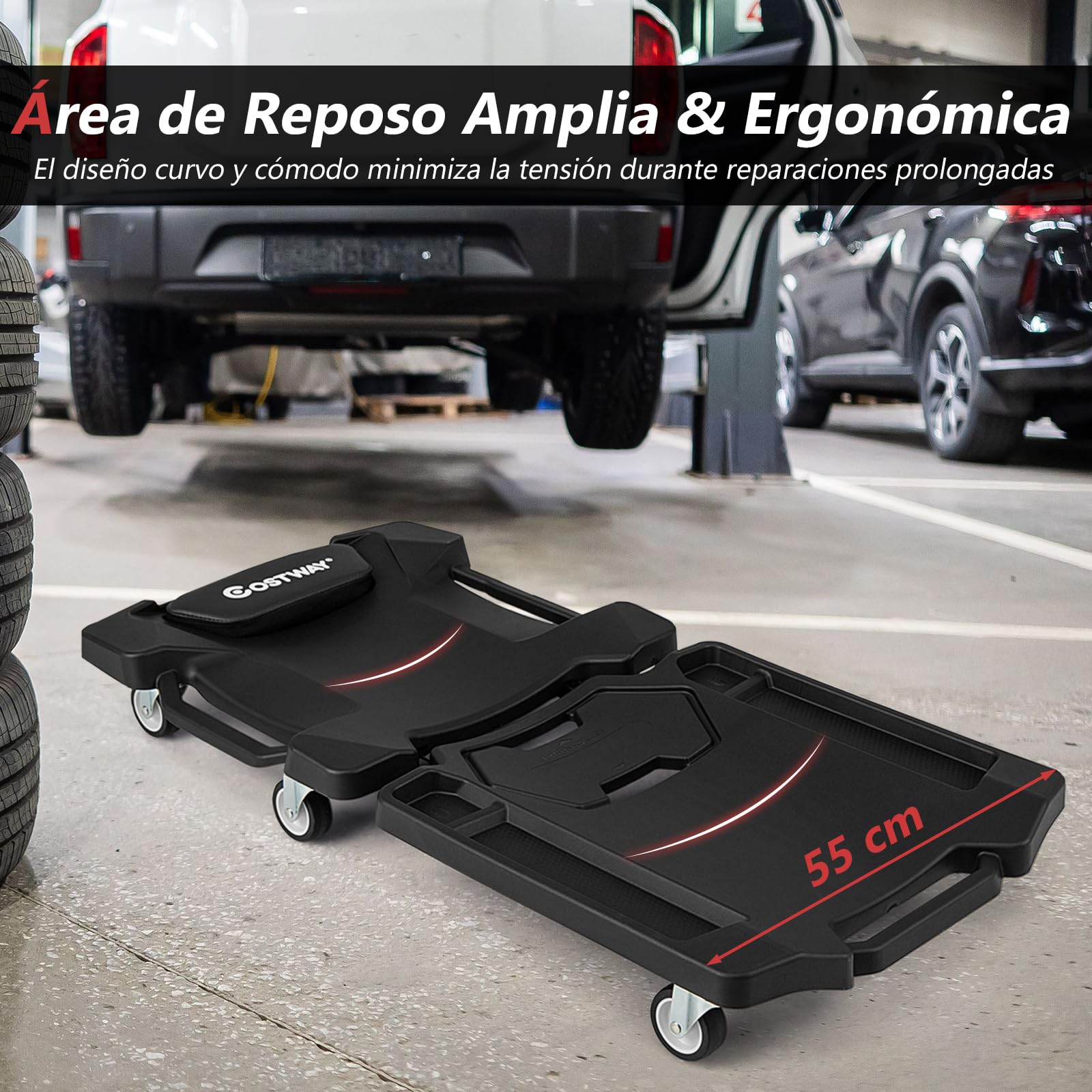 COSTWAY Camilla de Taller para Mecánicos Plegable, Plataforma de Garaje con Ruedas Universales, Reposacabezas Acolchado y Bandejas para Herramientas, Carrito Bajo para Garaje, Taller, Carga 158 kg
