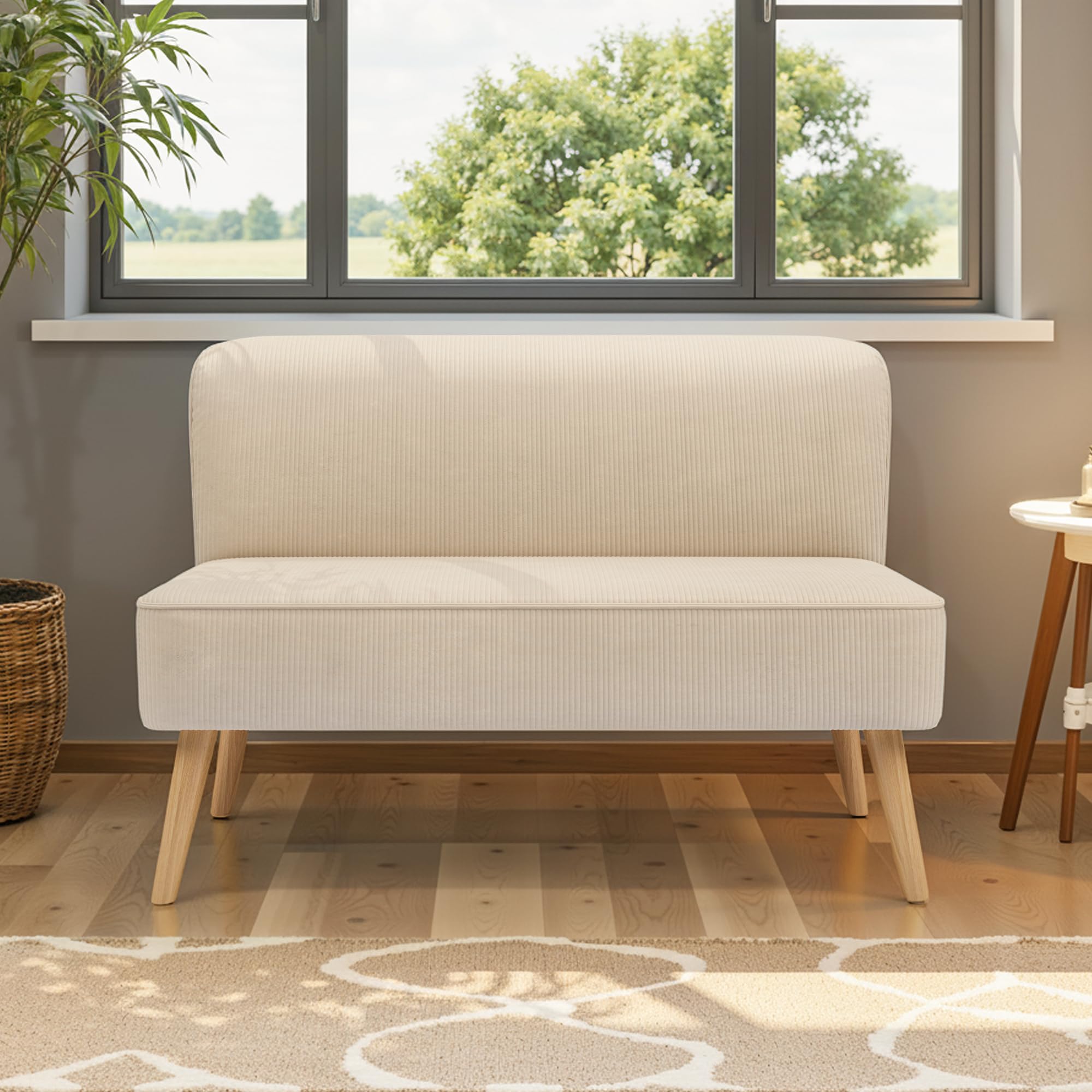 Divano a 2 posti, piccolo loveseat con rivestimento effetto velluto a coste, divano compatto salvaspazio per camera da letto, soggiorno, appartamento, 117x56x76cm,Bianco