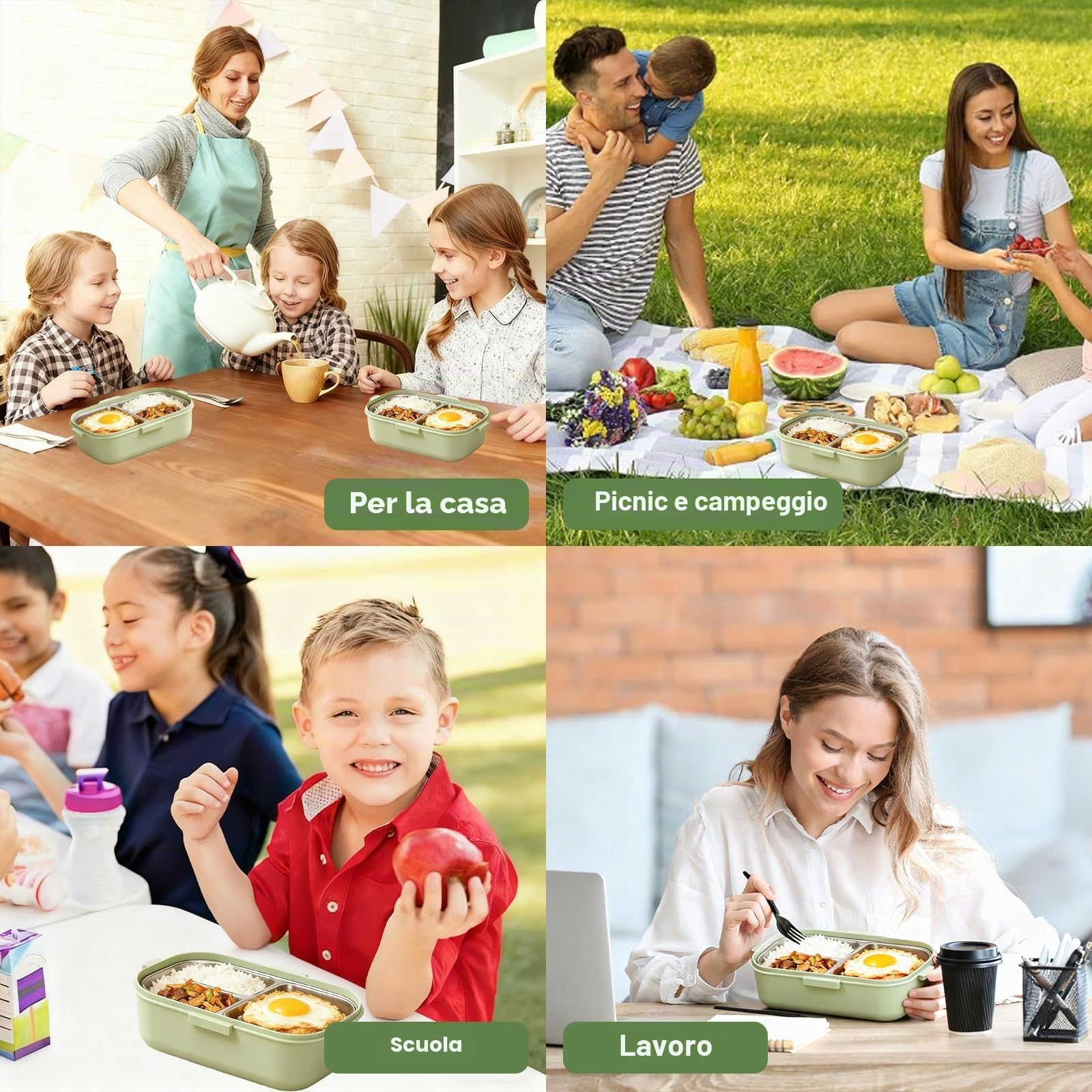 Porta Pranzo con 3 Scomparti e Cucchiaio, Lunch Box in Acciaio Inox Senza BPA, Bento Box per Scuola e Lavoro, Porta Merenda per Bambini e Adulti