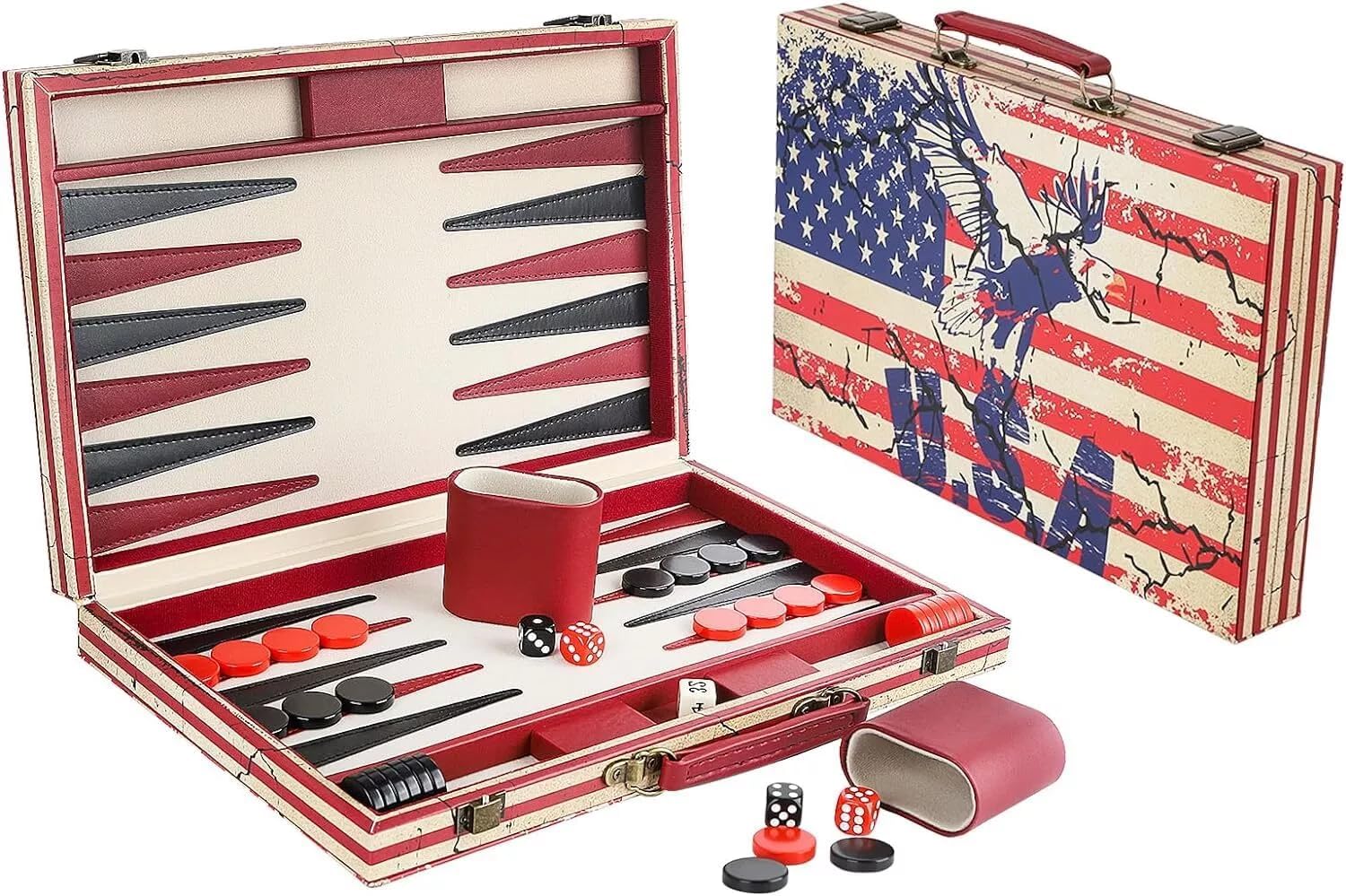 15 Inches Backgammon Sets for Adults Leather Travel Backgammon Set with American Flag Design Classic Board Game for Friends Party or Family Game Night