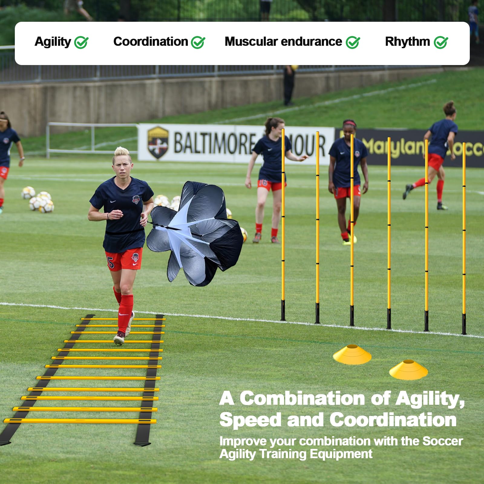 Juego de 24 piezas de equipo de entrenamiento de agilidad de fútbol, bastones de agilidad, escalera más para un montaje rápido y fácil portabilidad, adecuado para todos los niveles de