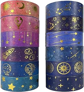 12 Rolls Washi Tape Set, Gold Foil Galaxy Washi Masking Decorative Tape for Journaling, Planners, DIY Crafts, Scrapbooking, Gift Wrapping