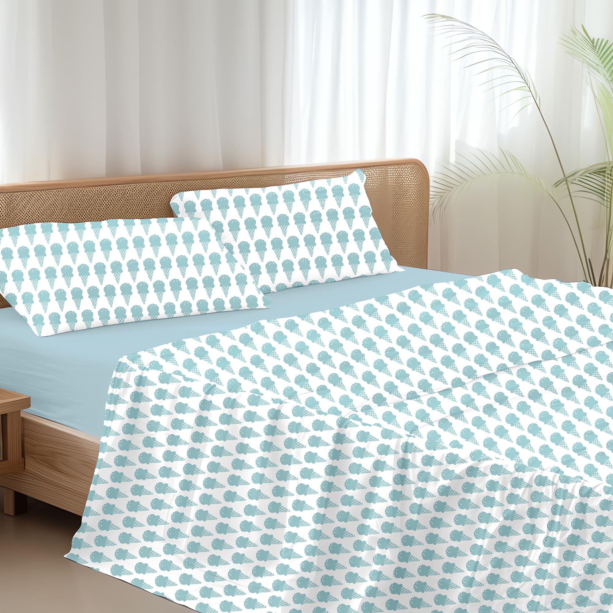 Ruggeri - Set Lenzuola Letto Matrimoniali 4 Pezzi in 100% Cotone di Alta Qualità, Lenzuolo con Angoli 170x200 cm, Lenzuolo Piatto 240x280 cm e 2 Federe 50x80 cm (Gelati Azzurri, Matrimoniale)