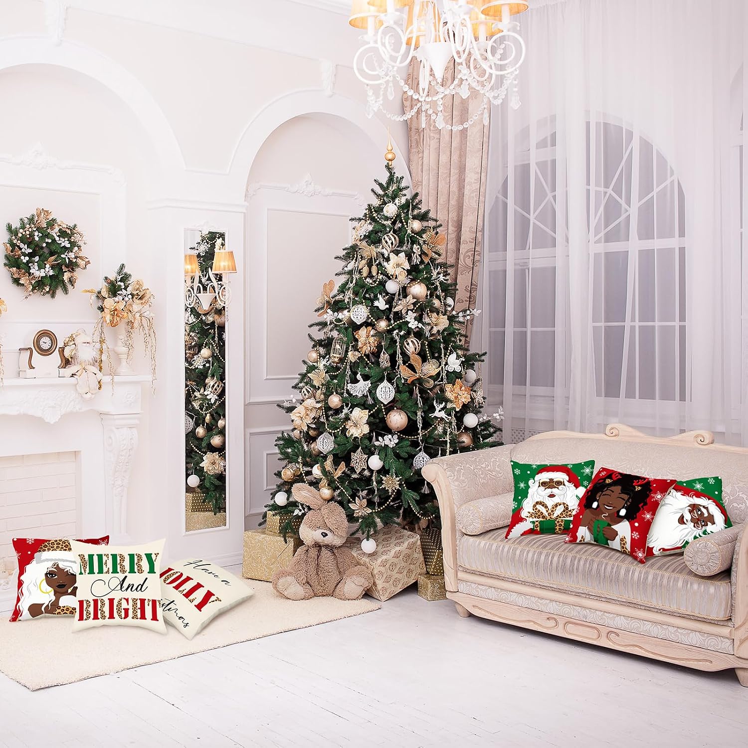 Tatuo 6 Pcs Black Santa Pillow Covers 18 x 18 African American Christmas Pillow Covers Black Santa Claus Cushion Decoration for Holiday Sofa Couch Bed