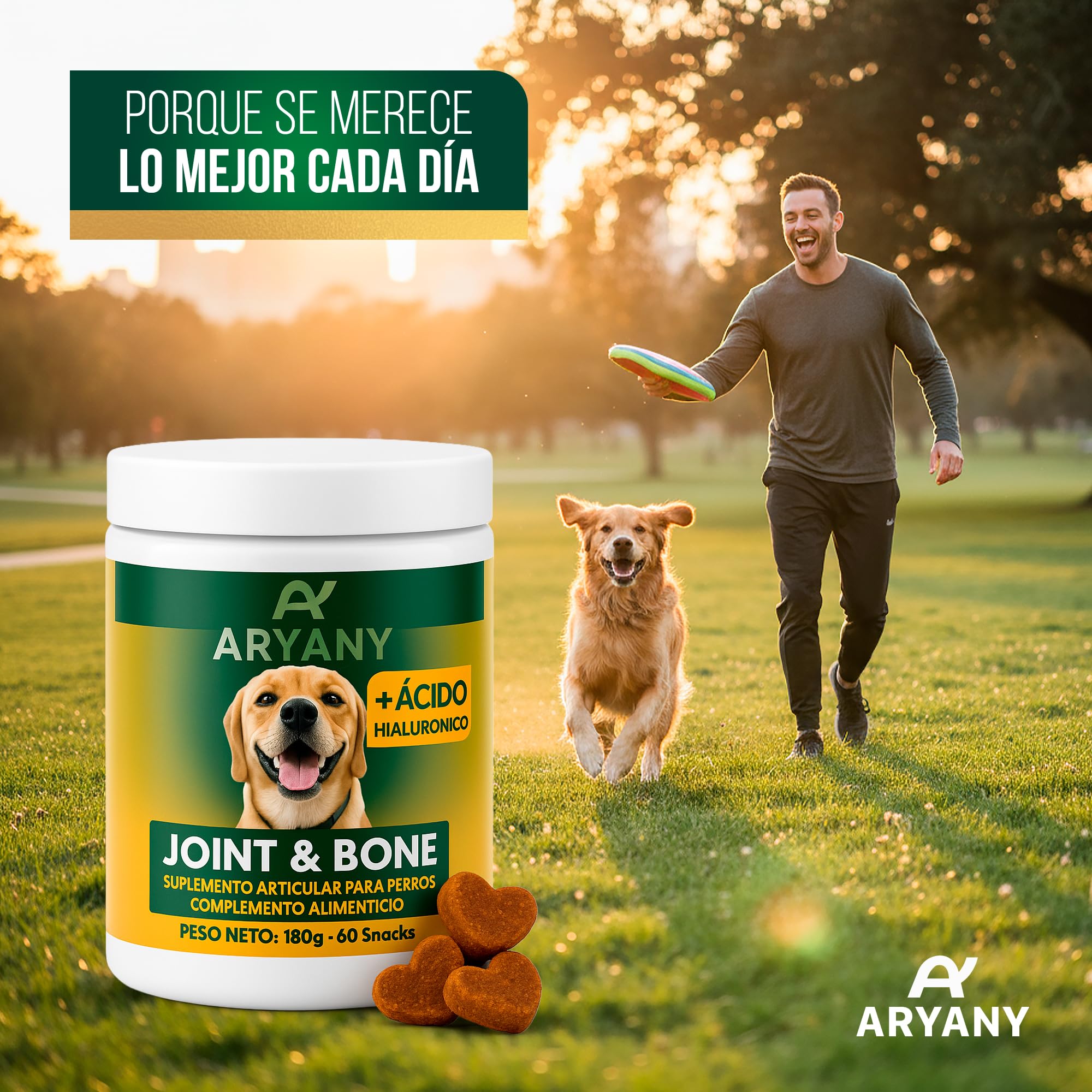 ARYANY Condroprotector Perros Snack Masticable (60 Uds) - Fórmula Premium de Alta Concentración: Glucosamina 200mg, Condroitina, MSM 200mg, Ácido Hialurónico, Colágeno - Antiartrosis