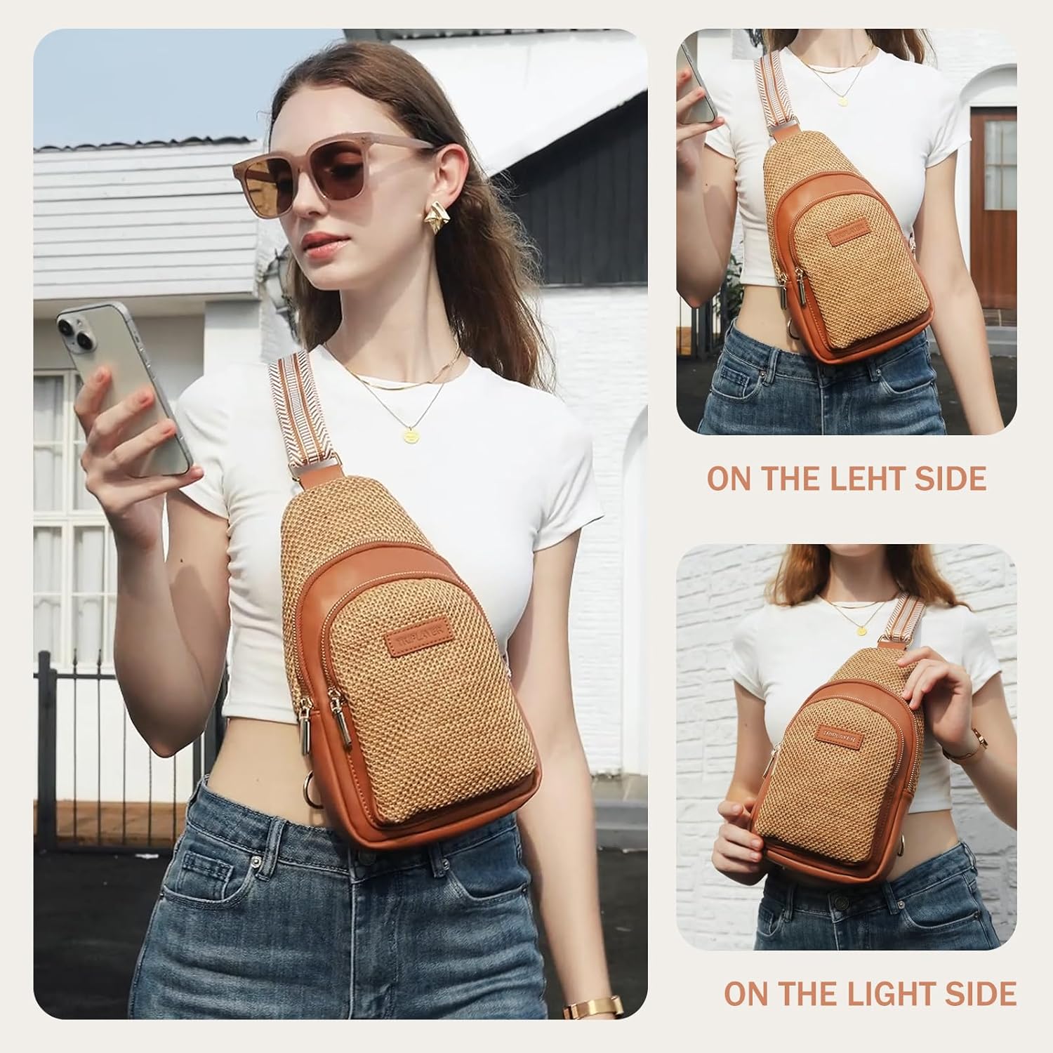 Straw Sling Bag Small Straw Crossbody Bag Woven Summer Purses for Women RFID Sling Chest Bag with Card Slots & Adjustable Strap thumbnail