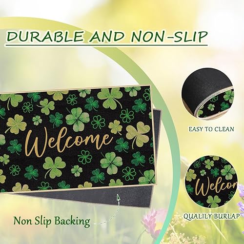 Miniatura 5 de Louise Maelys Tapete de bienvenida del día de San Patricio, 17 x 29 pulgadas, goma antideslizante, tapete de trébol de la suerte para decoración de