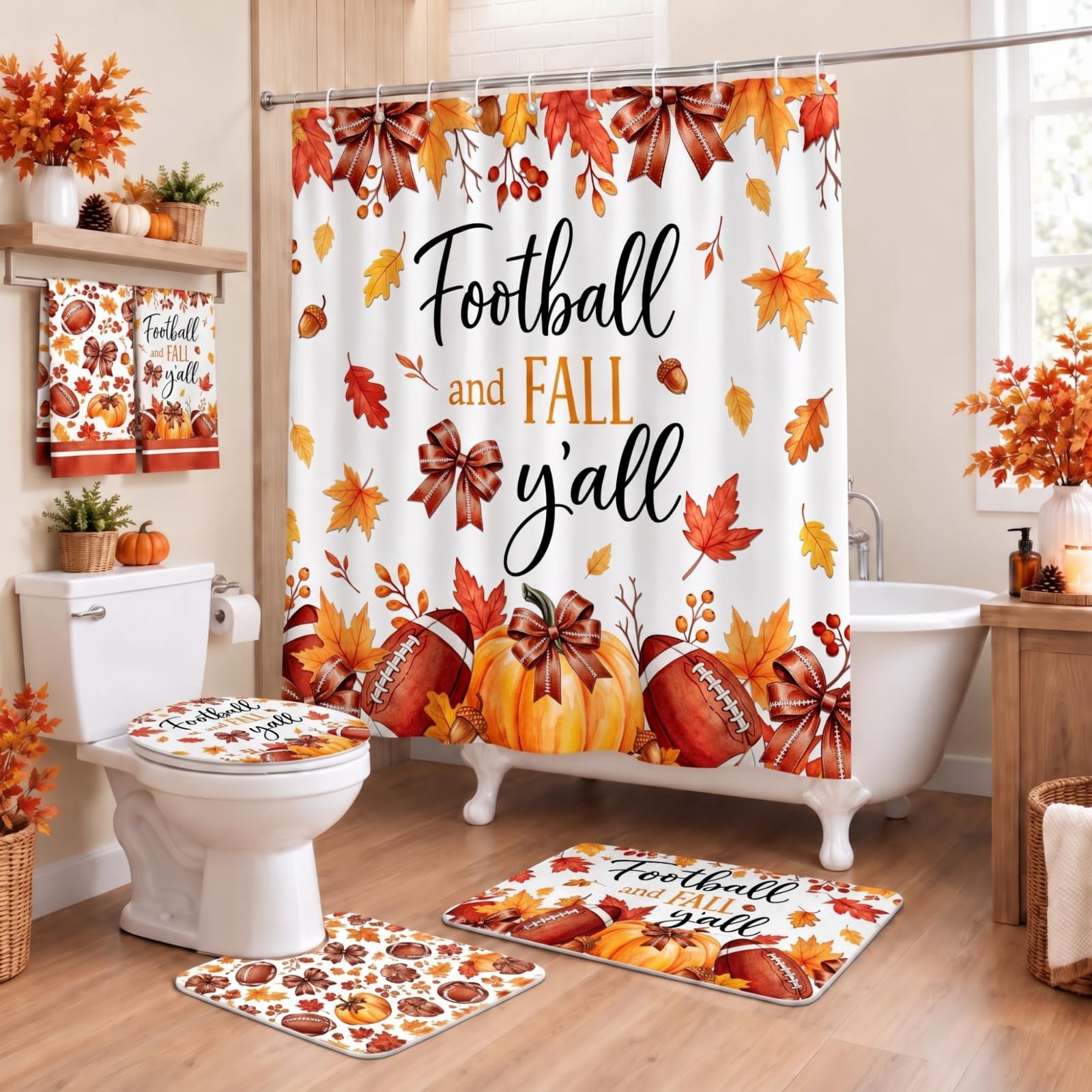 HunnmingRe 6 Pcs Fall Football Bathroom Decor, Pumpkin Shower Curtain Sets