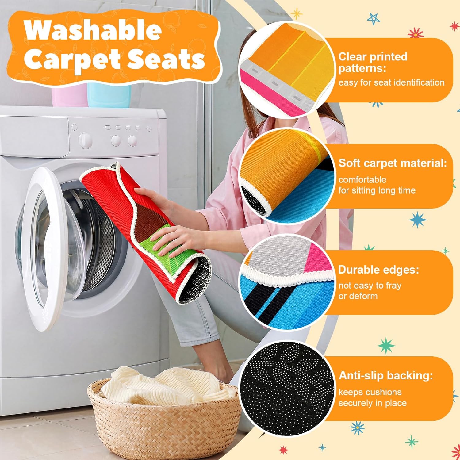 24 Pcs Carpet Seats 16.5" Back to School Rug Floor Cushions Pencil Apple Crayon Ruler Notebook Composition Floor Mat with Anti-Slip Particles for Daycare Learning Playing Areas