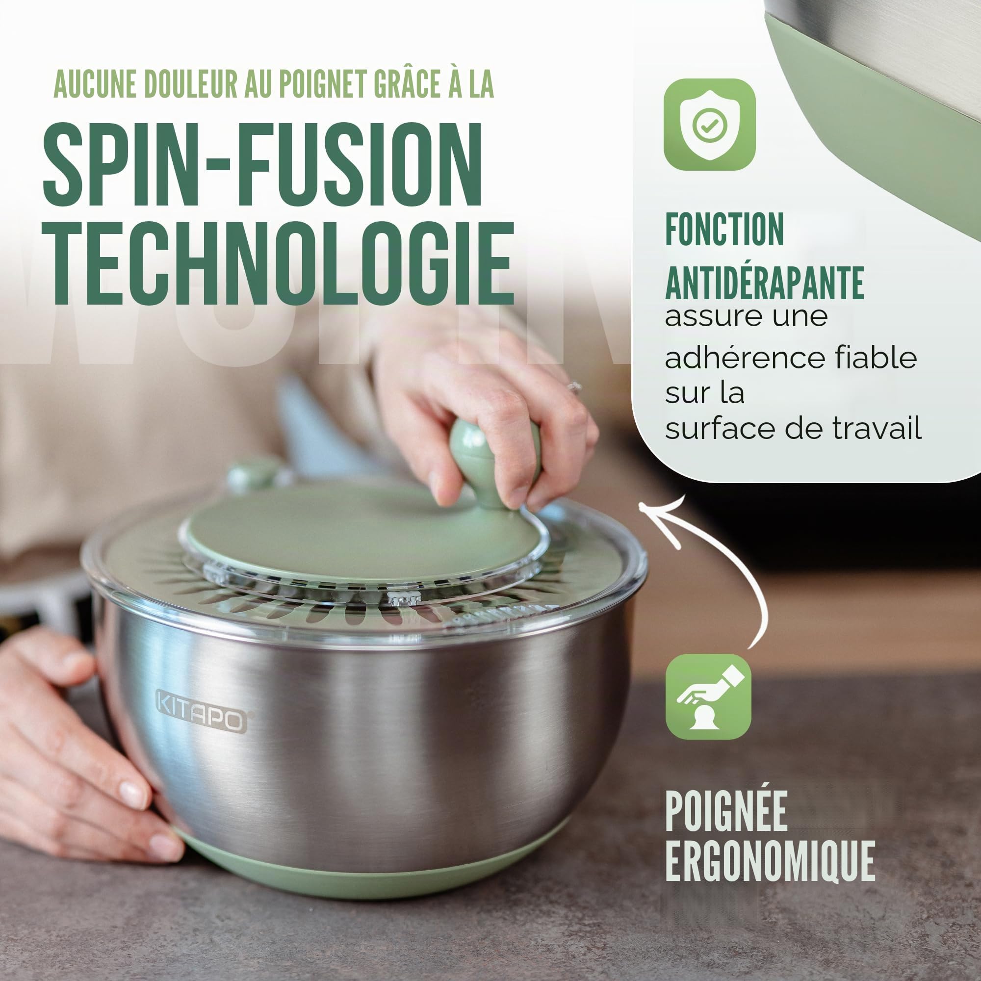Essoreuse à salade en acier inoxydable avec entraînement à manivelle [bol de service 2 en 1] 4,5 l [sortie d'eau, passe au lave-vaisselle, antidérapant] Salad Spinner Essoreuse à fruits