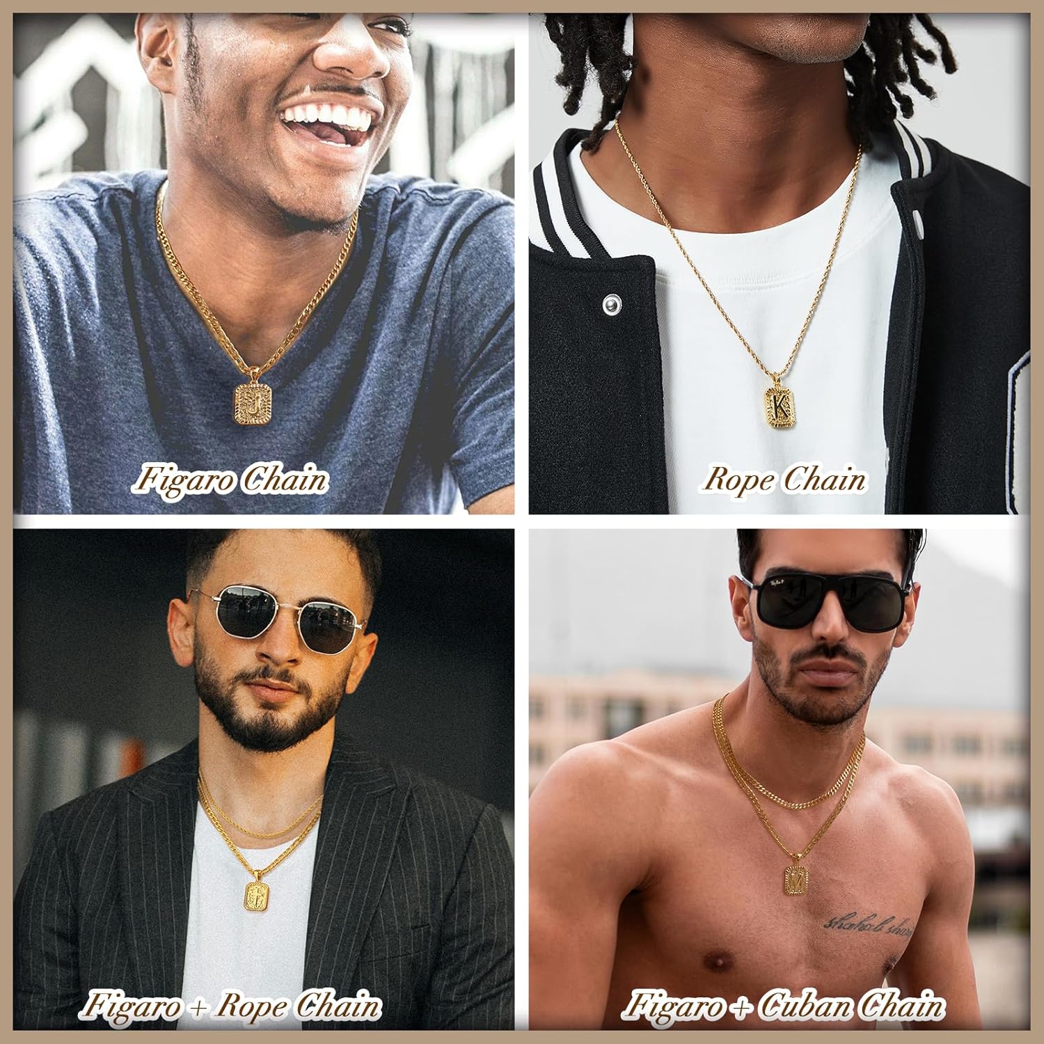 Gold Initial Necklaces for Men 18k Gold Plated Letter A-Z Pendant With Stainless Steel Figaro/Rope/Cuban Chain, Mens Cross Letter Necklace for Christmas Birthday Religious Gifts - Image 2