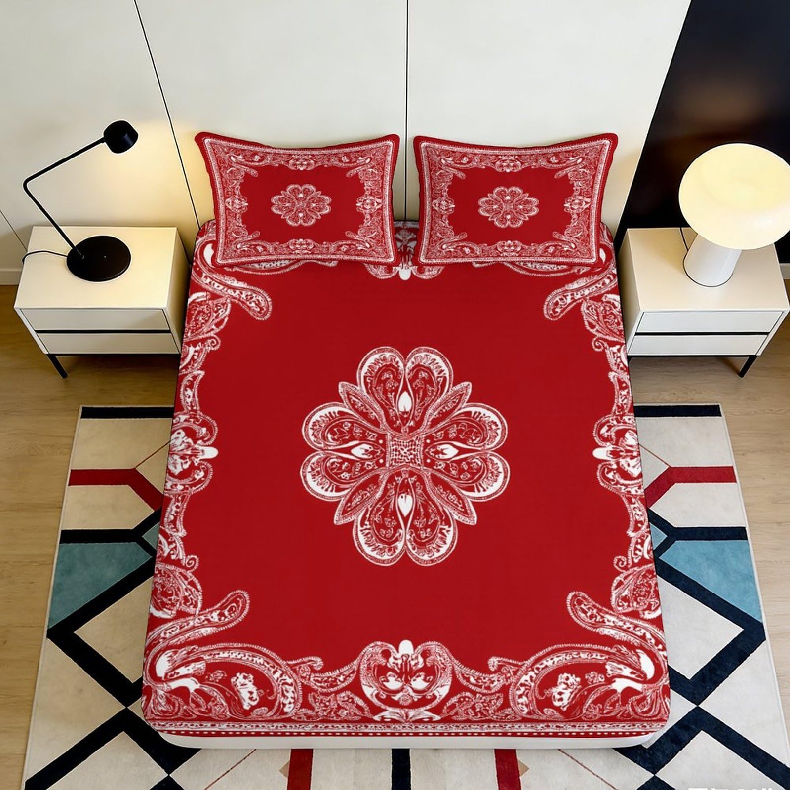 Pnayamiorkfel Style-5 3D Printed Red Paisley Fitted Sheet Microfiber Soft Breathable Floral Bed Cover For Bedroom Guest Room Decor 90X200x25cm