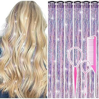 Hair Tinsel Glitter Hair Strands Pack of 12 60 cm Clip-in Hair Extensions for Girls Women Children Coloured Glitter Strands for Christmas and Parties Dreamy Colourful