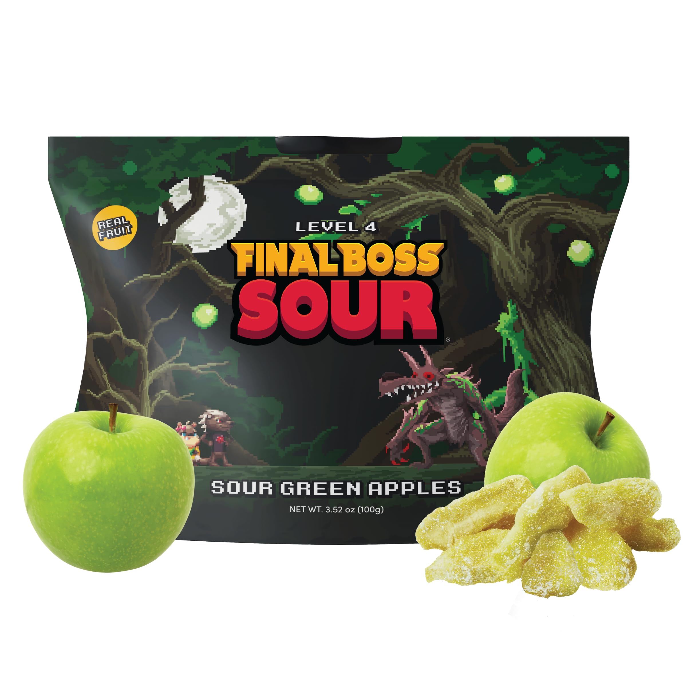 Final Boss Halloween Sour Candy, Green Apple, 1 Pack, Level 4, Extreme Sour Fruit Chews with Real Dried Fruit, No Artificial Colors or Flavors, Low Calorie Snack for Kids, Teens, Adults, Lunch Boxes
