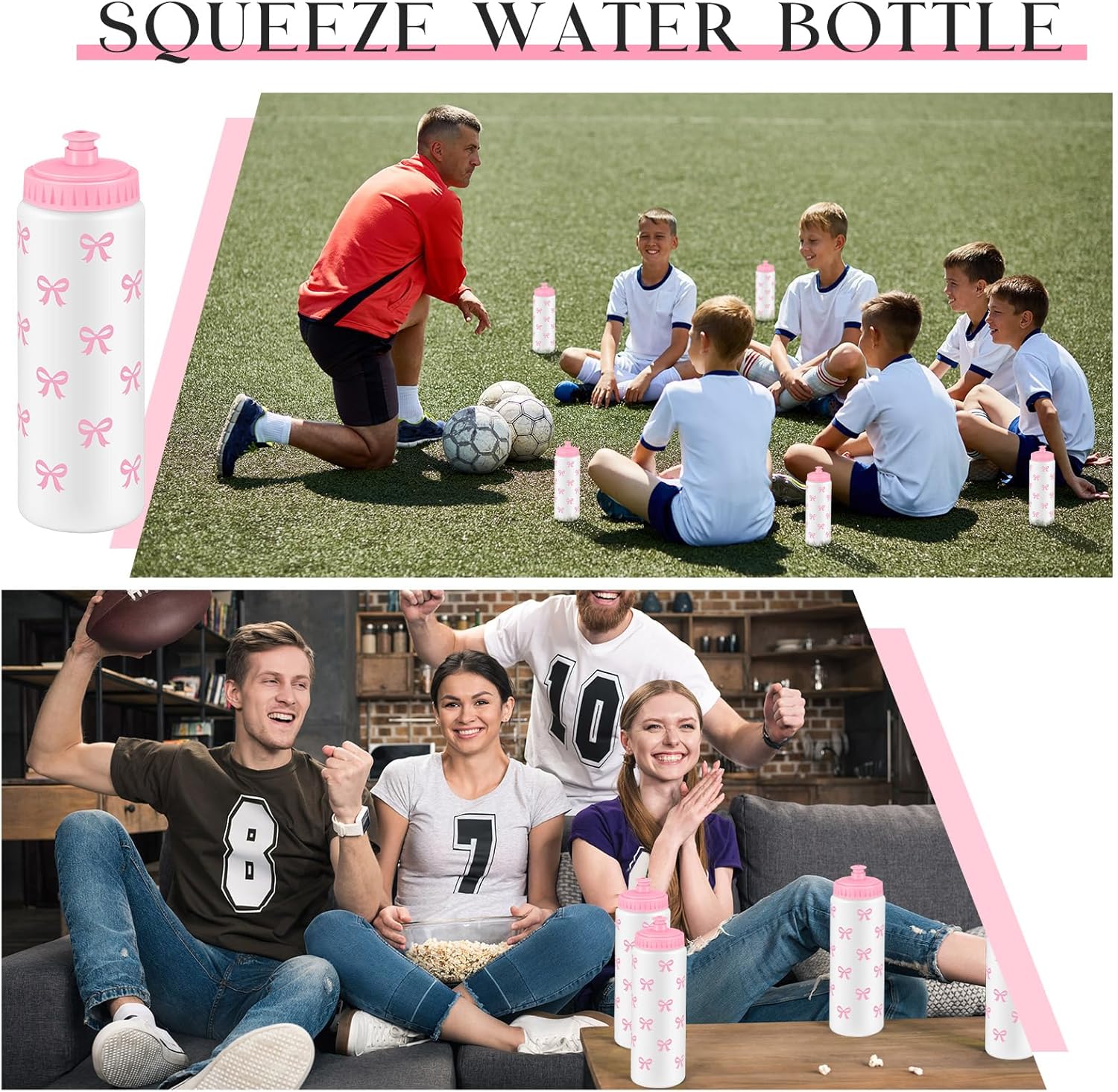 Honeydak 6 Pcs Pink Bow Water Bottle 20 oz Pink Bow Squeeze Water Cup with Pull Top Lid Gifts for Women Girls Teens Birthday Christmas Travel Gym and School