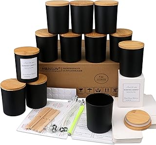 MILIVIXAY Lot de 12 bocaux à bougies en verre noir mat de 200 ml avec couvercles et kits de fabrication de bougies – Pots vides en vrac pour la fabrication de bougies.