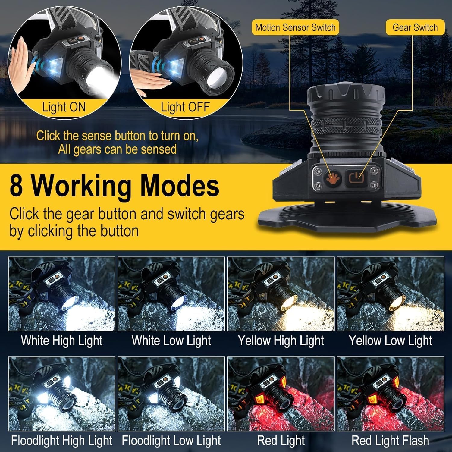 Lampada Frontale LED Ricaricabile, Super Luminosa 120000 Lumen, Lampada Frontale con 12 Modalità & Sensore & Impermeabile IPX7 & Angolo Regolabile 90°, Lampada Frontale LED per Campeggio e