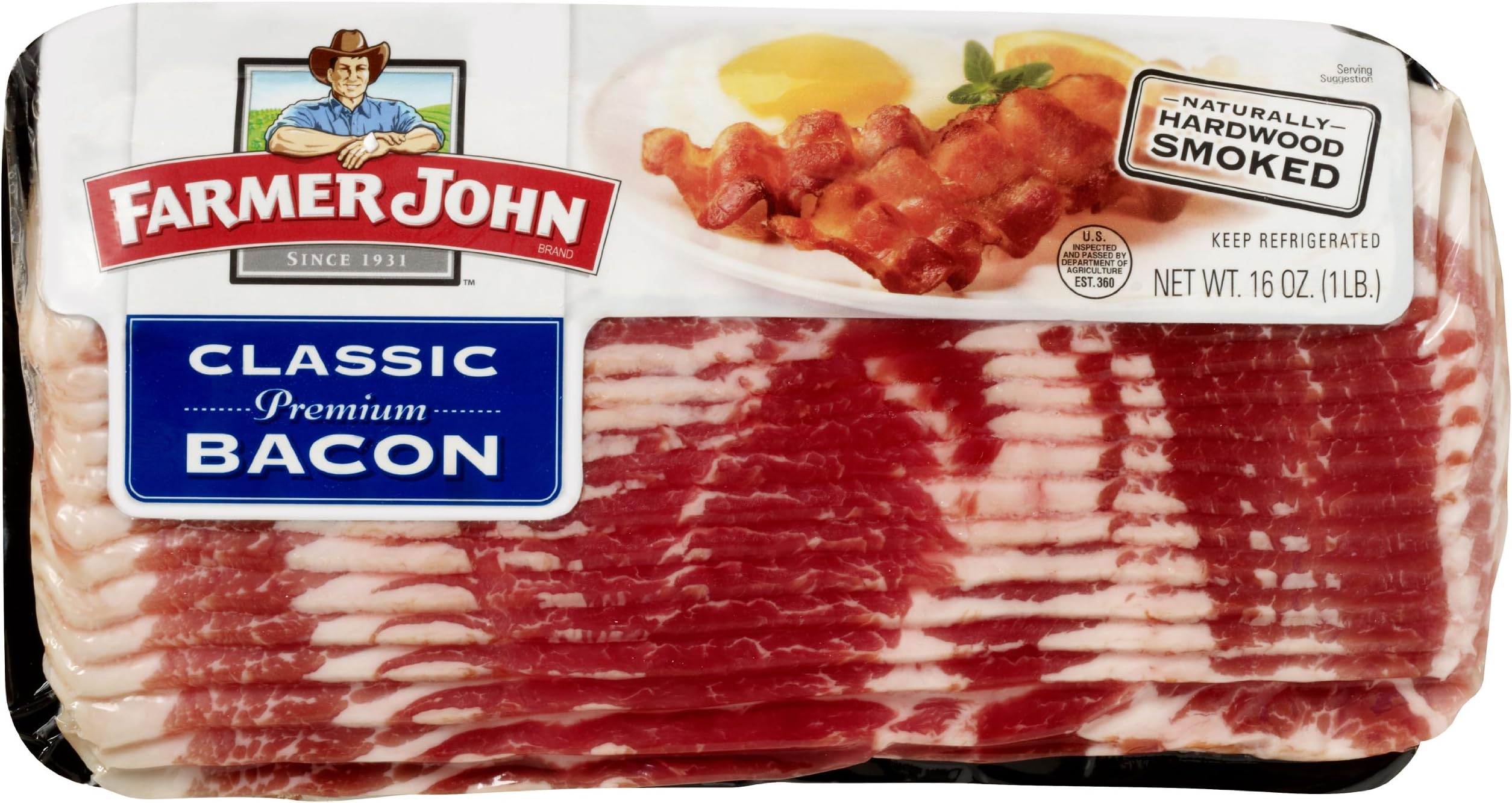Farmer John Classic Premium Sliced Bacon 16oz. Package (Pack of 3)