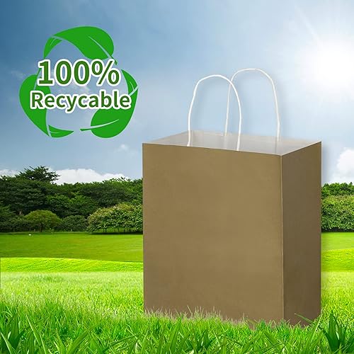 Miniatura 4 de Toovip Paquete de 100 bolsas de papel kraft medianas de 8 x 4.75 x 10 pulgadas con asas a granel, bolsas de papel de estraza de regalo para regalos,