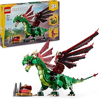 LEGO Creator 3-en-1 Le Dragon médiéval - Se transforme en Serpent de mer ou en phénix - Jeu de Construction pour garçons et Filles Amoureux des Animaux - Idée de Cadeau d’Anniversaire dès 9 Ans 31161