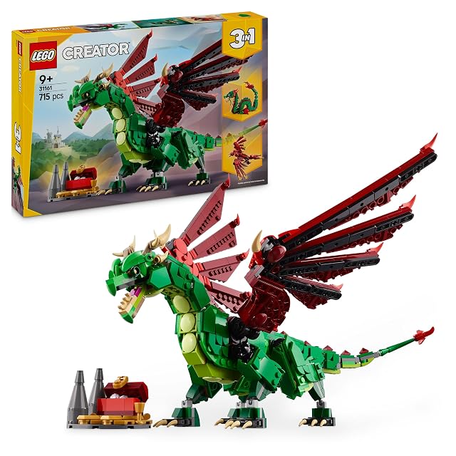 LEGO Creator 3 en 1 Dragón Medieval Transformable en Ave Fénix o Serpiente Marina, Animales de Juguete, Figuras Articuladas, Regalo de Cumpleaños para Niños y Niñas de 9 Años o Más 31161