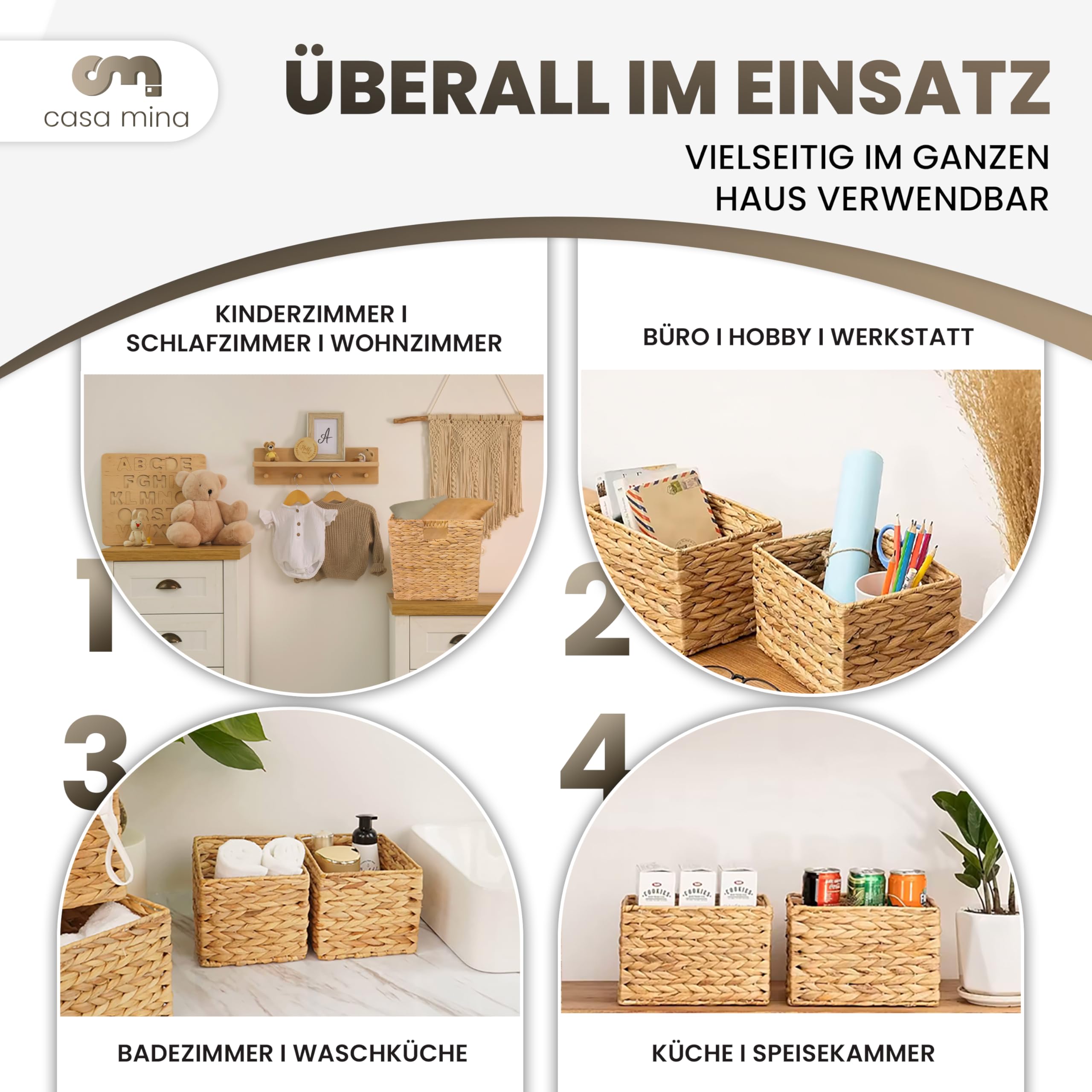 Casa Mina Korb Aufbewahrung 4er Set (L+M+2xS) 100% natürlich aus Wasserhyazinthe I Dekorative Körbe Aufbewahrung für jeden Raum I Aufbewahrungskorb mit robustem Metallgestell
