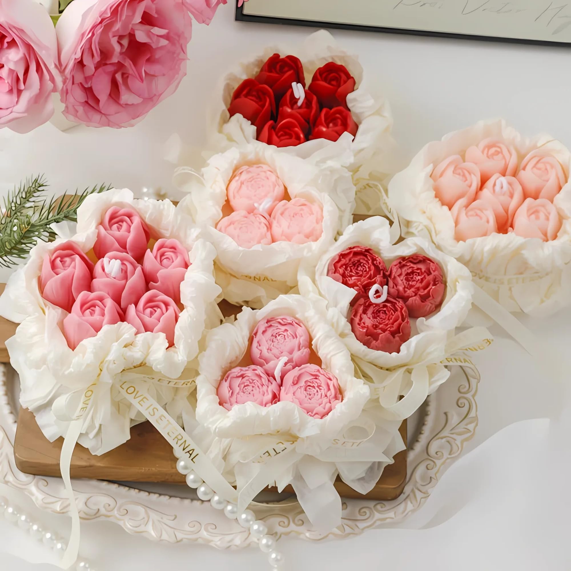 Handmade Floral Bouquet Candle, Scented Peony & Rose Shape, Gift for Women, Home Décor, Aromatherapy, Small (2.8"x2.4", 3 Flowers) & Large (3.6"x3", 5 Flowers) – Pink & Rose Red (Pink, Large)